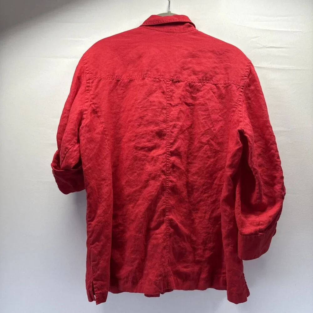Lauren Ralph Lauren Women's Top Size L 100% Linen Solid Red Blue Anchor Roll Tab